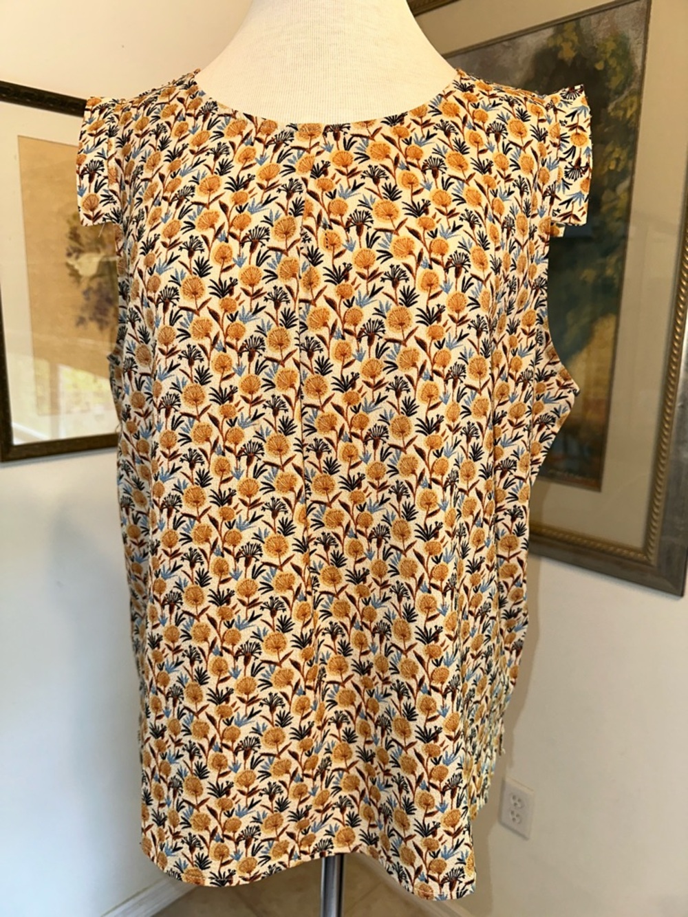 SM Wardrobe Cap Sleeve Floral Print Top in Mustard and Blue Size XL